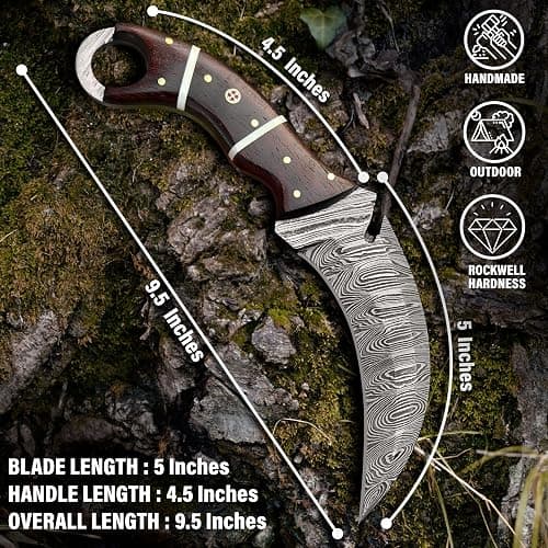 RC Damascus Hunting Knife with Leather Sheath | 9'’ EDC Knife for Men - WOODEN Handle | Full Tang Fixed Blade handmade Knives - it's a unique product for unique buyers. (Brown) thumbnail 2