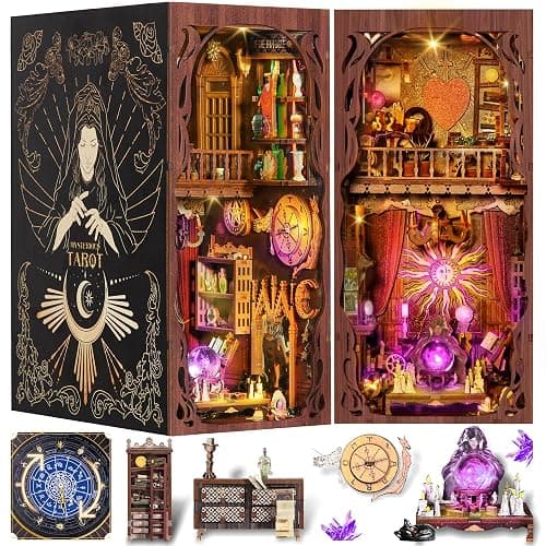 DIY Book Nook Kit, 3D Wooden Puzzle Booknook, Bookshelf Miniature House Kit Dollhouse, Tarot Divination Test, with LED Light, Dust Cover, Gift for Adults Teens (Mysterious Tarot) - Mysterious Tarot - Image 1