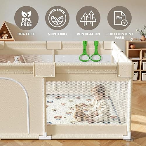 ZEEBABA Baby Playpen with Mat, 47x47in Beige for Babies & Toddlers | Machine Washable PlayMat cuts tedious scrubbing, Suction frame stops kid shifting, Outer zipper opens only externally thumbnail 8