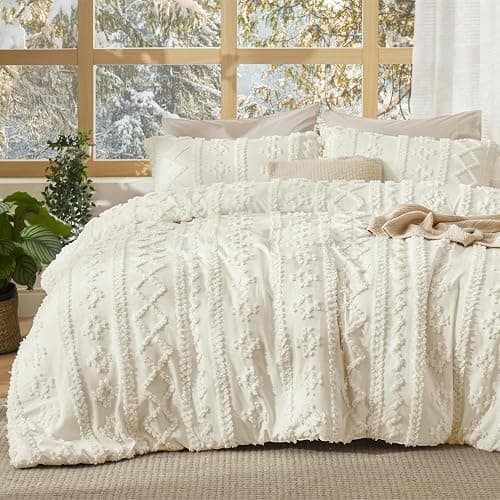 Bedsure Tufted Boho Comforter Set Queen Size - White Boho Bed Set, GentleSoft™ 3 Pieces Farmhouse-Style Embroidery Bedding, Gifts for Woman, Soft Jacquard Kids' Queen Comforter for All Seasons - Image 1