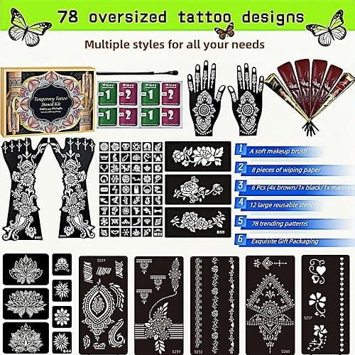 Temporary Tattoos Kit - Large 12 Sheets Temporary Tattoo Stencil Kit - 78 Unique Tattoo Designs - 6 Pcs (Brown/Black/Maroon) Ink with Paint Brush for DIY Body Art - Tattoos for Women Men Kids thumbnail 2