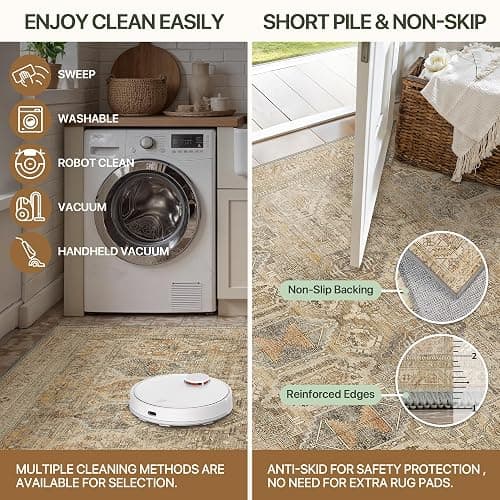 Bavni Washable Rug 8x10 Area Rug for Living Room Bedroom Dining, Washable Vintage Print Carpet, Ultra-Thin Low Pile Lightweight Rug with Non Slip Backing, Light Brown thumbnail 6