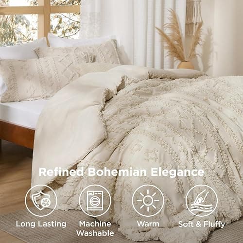 Bedsure Tufted Boho Comforter Set Full Size - Beige Boho Bed Set, GentleSoft™ 3 Pieces Farmhouse Shabby Chic Embroidery Bedding, Gifts for Woman, Soft Jacquard Full Comforter for All Seasons thumbnail 5