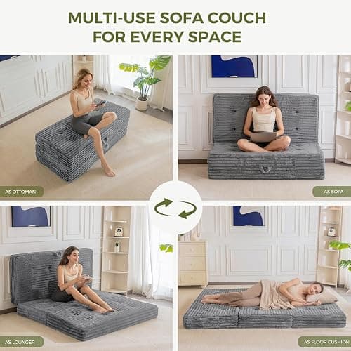 MAXYOYO Folding Sofa Couch Bed, 6 Inch Tri-Fold Floor Sofa Bed, Folding Mattress with Handles, Soft Faux Fur Folding Bed with Supportive Foam Filling, Portable Couch for Living Room, Twin, Grey thumbnail 4