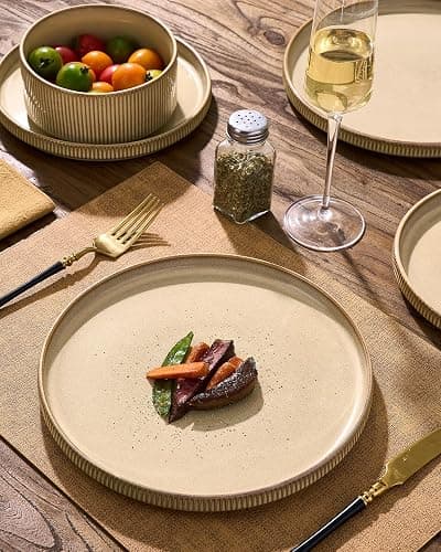 Stoneware Dinnerware Sets, Handcrafted Double Reactive Glaze Plates and Bowls for Everyday & Formal Dining, Microwave & Dishwasher Safe, Scratch Resistant Dishes Service for 4 (12-Piece), Cream thumbnail 3