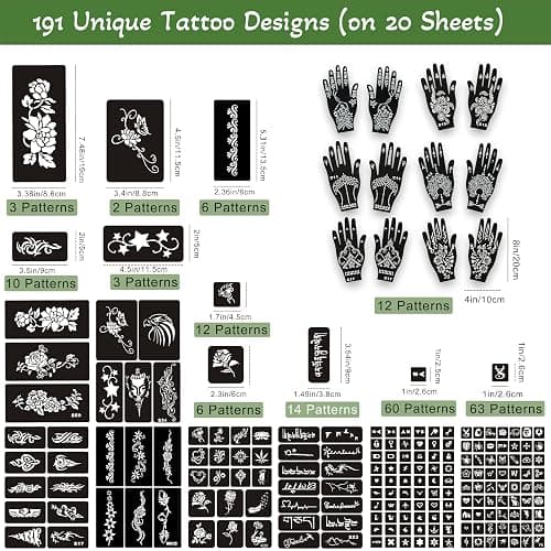 191 Pcs Temporary Tattoo Stencils Kit with 6 Tattoo Cones (2 Black, 2 Brown, 2 Dark Red), White Tattoo Outline Pen, Cotton Swabs & Towel | Perfect for Adults, Teens, Beginners, Family Fun & Parties thumbnail 7