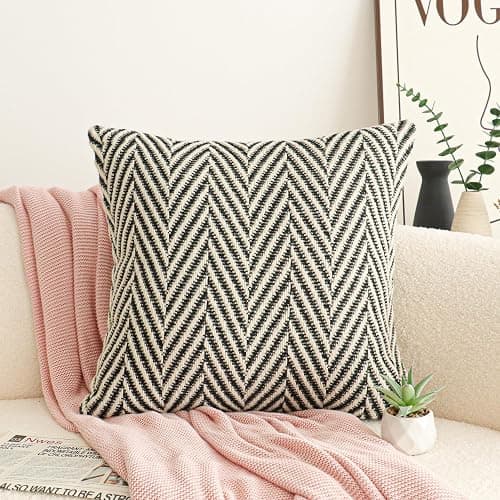 Jonhier Black White Chevron Square Throw Pillow Cover, Boho Farmhouse Geometric Pattern Cushion Cover, Mid Century Accent Decorative Pillowcase for Sofa Couch Bedroom Living Room, 18 x 18 inch thumbnail 3