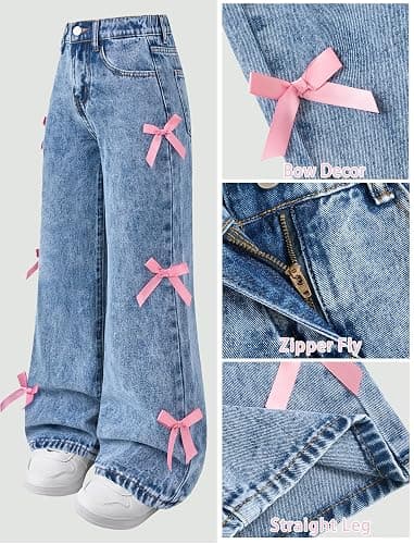 Peakpride Baggy Jeans for Girls Wide Leg High Elastic Waisted Cute Bow Denim Y2k Pant Trendy Boyfriend Skater Streetwear thumbnail 5