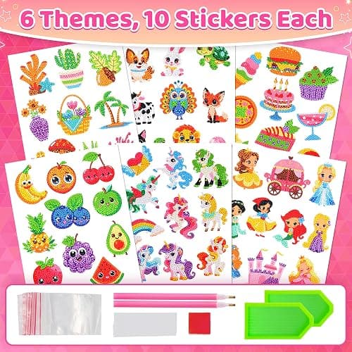 sinceroduct 60 Pcs 5D Diamond Art Stickers for Kids, 6 Theme Designs Diamond Art Kits and Diamond Painting for Kids, Diamond Art Accessories Best Gift for Girls Boys thumbnail 2