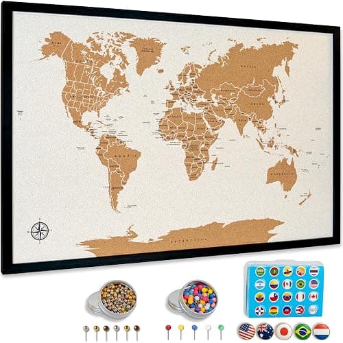 World Map Pin Board Large 30"x20" Framed | Cork Wall Map with Country Flags, Metallic & Colored Pins | World Travel Map with Pins | Unique Push Pin Map Gift for Travelers, Couples & Families. - Image 1