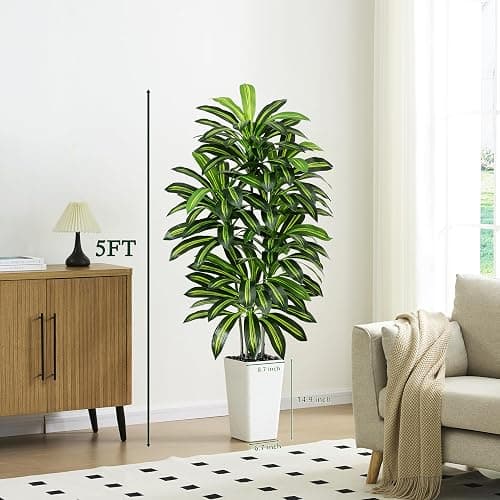 Artificial Dracaena Tree - 5FT Tall Fake Plants with White Tall Planter - Artificial Plants Indoor Floor Plant in Pot - Large Tropical Fake Yucca Potted Tree for Home Office Living Room Decor thumbnail 4