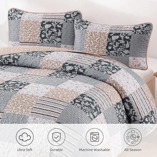 Mybedsoul Patchwork Quilt Set Queen Size, 3 Pieces Blue Brown Floral Plaid Bedspread Coverlet Set, Reversible Soft Microfiber Bedding Set for All Season, Fall Winter Queen 90"x96" thumbnail 8