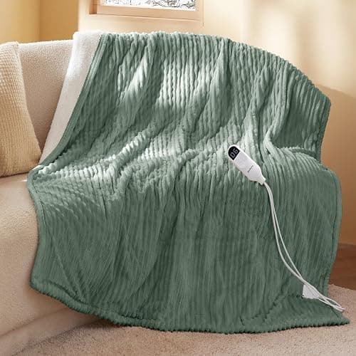 Bedsure Ribbed Heated Blanket Throw, Green Electric Blanket, Preheat | Fast Heating, 6 Heat & 6 Timer (Up to 10H) Settings, 8 Hours Auto-Off, ETL & FCC, Flannel Sherpa, Gifts for Grandma, 50"x60" - Image 1