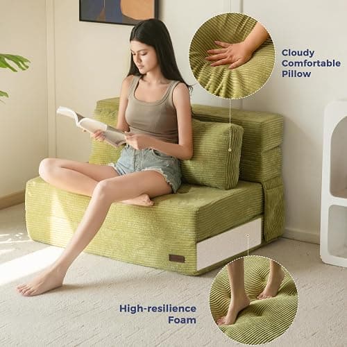 MAXYOYO Convertible Sofa Bed, Fold Out Loveseat Sleeper Sofa with Pillow, 4 in 1 Tufted Folding Couch Bed Foam Floor Couch, Lazy Chair for Living Room Bedroom Guest Room, Green thumbnail 8