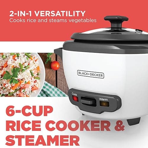BLACK+DECKER Rice Cooker 6-Cup (Cooked) with Steaming Basket, Removable Non-Stick Bowl, White thumbnail 3