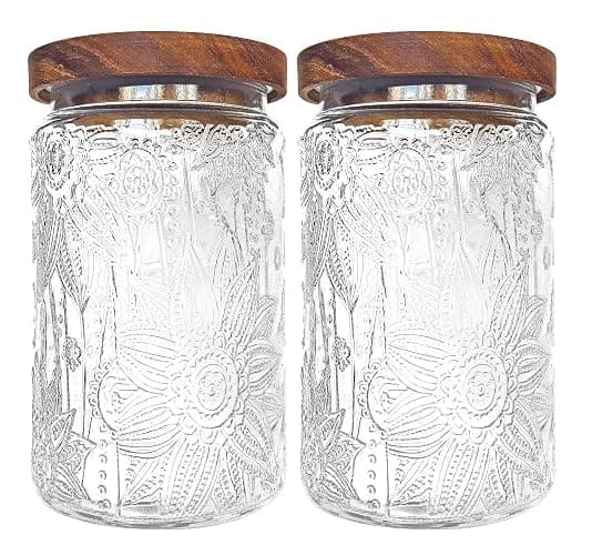 LODIKE 35oz/1000ml Glass Storage Jars with Nature Wood Lids, Airtight Food Storage Containers for Kitchen Organization, Large Capacity for Cookie, Pasta, Sugar, Flour, Cereal - Set of 2 （sunflower） - Image 1