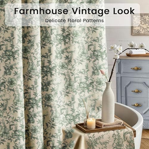 Farmhouse Sage Green Floral Shower Curtain with 12 Clear Rings 72"W x 72"L | Boho Fabric Faux Linen Shower Curtain Set, Vintage Cottagecore Shower Curtain for Bathroom thumbnail 5