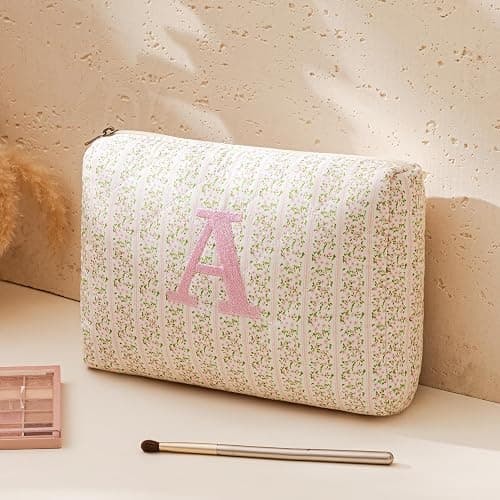 HBselect Initial Quilted Makeup Bag, Pink Cosmetic Travel Toiletry Bag, Flowers Coquette Zipper Make Up Pouch Organizer Teen Girl Gift Trendy Stuff M thumbnail 2