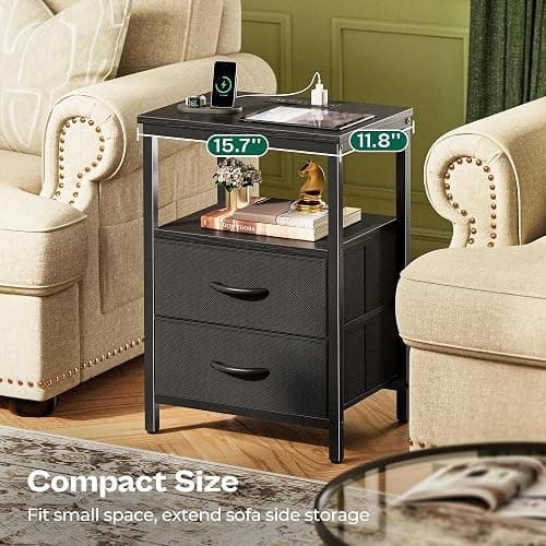 Huuger Night Stand with Charger Station and LED Lights, 2 Drawer Nightstand, Bed Side Table with Open Shelf, End Table, Fabric Dresser for Bedroom, Black thumbnail 8