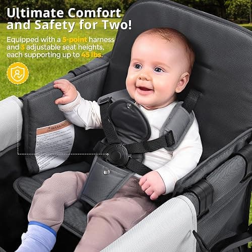 MOMFANN Stroller Wagon for Kids, Wagon Stroller Toddlers 2 Seaters, All-Terrain Baby Wagon Outdoor with Canopy, Parent Organizer, Adjustable Handle & Pull Bar for Infants and Toddlers, Gray thumbnail 3