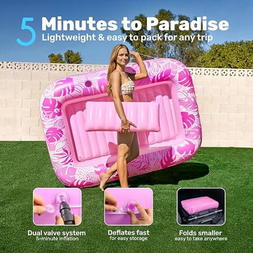 SLOOSH Inflatable Tanning Pool Lounger Float, 70" x 46" Pool Floats Adult with Pillow, 4 in 1 Suntan Tub Raft Floatie,Sunbathing Bed Lounge for Water Blow Up Kids Ball Pit Party Gifts, L-Hot Pink thumbnail 6