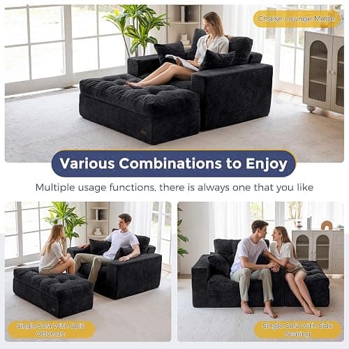MAXYOYO Oversized Chaise Lounge Sofa, Upholstered Lounge Chair with 3 Pillows, Tufted Boneless Sofa Couch with Ottoman, Deep Seat Sleeper Chair for Living Room, Bedroom, No Assembly, Black thumbnail 3