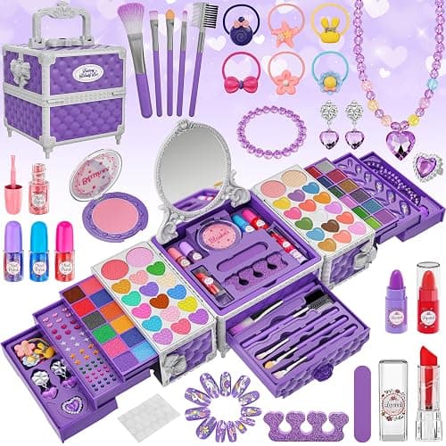 99 Pcs Kids Makeup Kit for Girls, Princess Toys Real Washable Cosmetics Set with Mirror, Hair Ties, Nails, Rings, Earrings, Necklace, Perfect for 3 4 5 6 7 8 Year Old Girls Birthday - Image 1