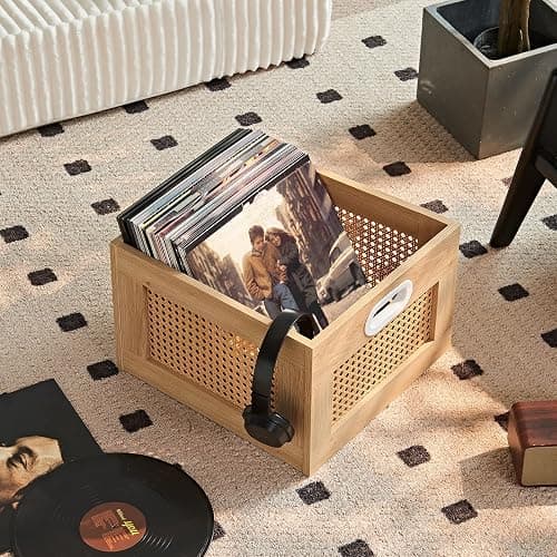 LELELINKY Vinyl Record Storage Crate, Rattan Wooden Record Crate for Vinyls, Vinyl Record Holder with Handle, Multifunctional Records Stand Holder Vinyls Organizer for 75 LPs, Natural thumbnail 2