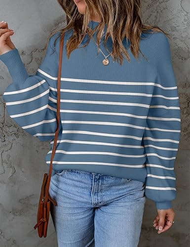 ZESICA Women's 2025 Fall Fashion Turtleneck Long Sleeve Striped Ribbed Knit Loose Pullover Sweater Tops thumbnail 2