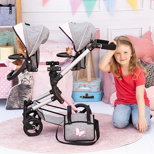 Bayer Twin Doll Pram Neo, Grey, Pink with Butterfly, Jean Look thumbnail 7