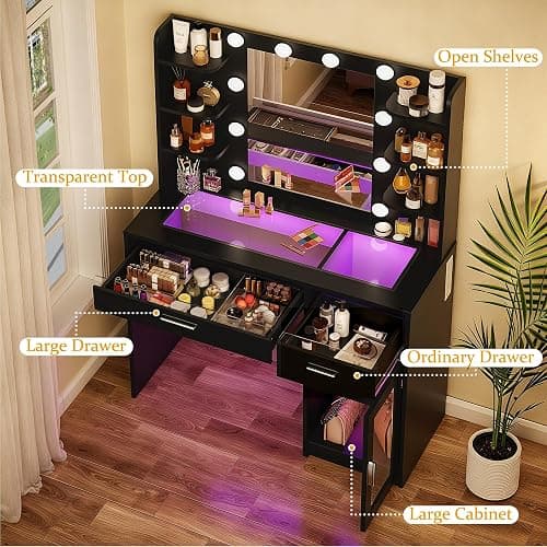 HUAHUU Vanity Desk with Mirror and Lights, Makeup Vanity Desk with Lights 3 Colors, Transparent Top Vanity with 2 RGB Drawers, 6 Shelves, Large Tempered Cabinet, Power Outlet, for Bedroom, Black thumbnail 3