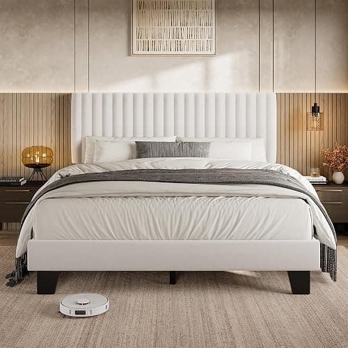 Einhomn Queen Size Bed Frame with Headboard, Upholstered Velvet Platform Bedframe with Solid Wooden Slats, Noise-Free, No Box Spring Needed, Easy Assembly, White thumbnail 3
