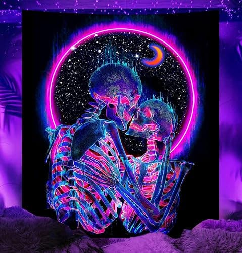 TUGCAY Blacklight Skull Tapestry Glow in the Dark Tapestry Kissing Lovers Tapestries Skeleton Neon Trippy Moon Stars Vertical Posters Wall Hanging Decor for Bedroom Aesthetic – 51.2” x 59.1” thumbnail 2