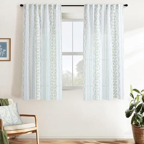 White and Blue Floral Sheer Curtains 63 Inch Length for Bedroom,Botanical Cottage Style Pattern Linen Romantic Grandmillennial Unique Curtains for Girls Room Living Room 2 Panels Set - Image 1