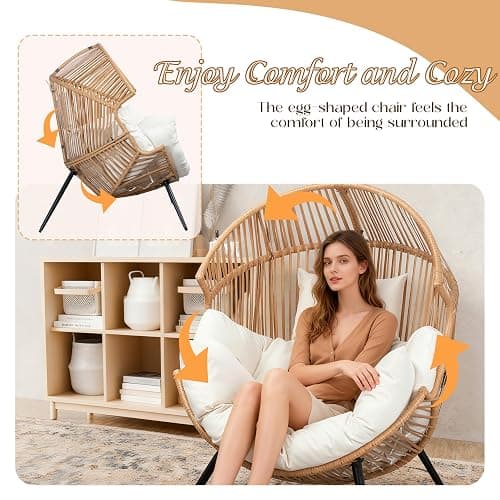 Shintenchi Wicker Egg Basket Chair, Outdoor Oversized Lounge Rattan Patio Chairs with Cushion, Egg Seat for Indoor Living Room Bedroom Outside Patio Backyard Balcony, Beige thumbnail 3
