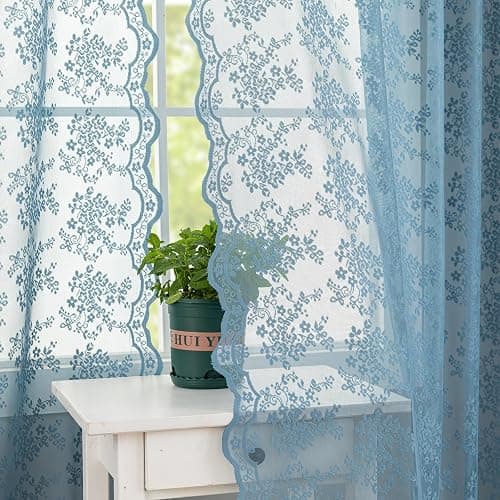 YJ YANJUN Vintage Lace Curtains 84 Inch Length-Dusty Blue Floral Sheer Curtains for Bedroom Living Room Hallway Doorways 2 Panels Set Beach Coastal Decor Rod Pocket W52 X L84 inch Stone Blue thumbnail 6