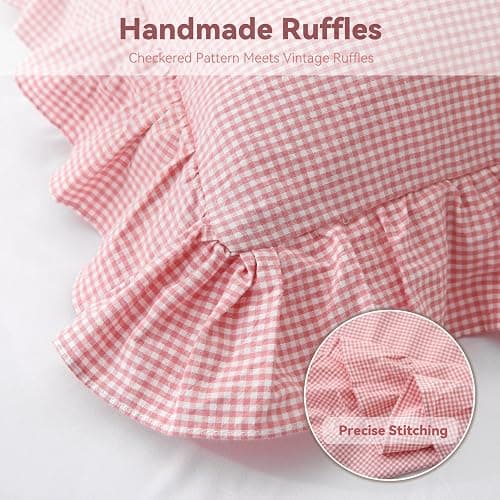 Jilboo Vintage Pink/White Gingham Body Pillow Cover 20x54 - Ruffled Farmhouse Bedding Accent | 100% Washed Cotton Checkered Pillow Sham for Bed, Sofa, Couch (Blush Plaid, 1pc) thumbnail 5