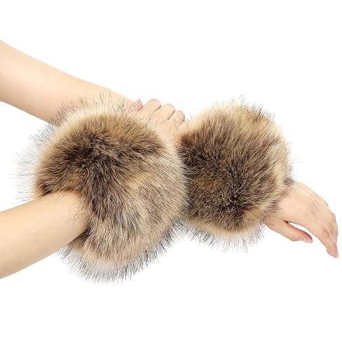 LA CARRIE Women's Leopard Print Faux Fur Wrist Cuffs,Winter Fox Furry Bands Arm Warmer thumbnail 3