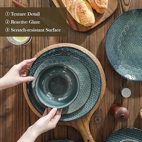 MALACASA 12 Pieces Dinnerware Sets, Farmhouse Plates and Bowls Sets, Embossed Green Dish Set for 4, Vintage Relief Ceramic Dish Set, Chip-Resistant, Microwave and Dishwasher Safe, Series LYDIA thumbnail 5