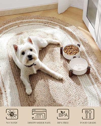 MALACASA Dog Bowl Set with Walnut Wood Stand, 1.5 Cups Ceramic Pet Bowls for Puppy Dogs, Dual Food and Water Bowls with Non-Slip Base, Basic Bowls for Your Dog or Cat, Five-Leaf Grass & Honeycomb thumbnail 4