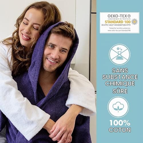 Twinzen Peignoir de Bain Homme - 100% Coton avec Capuche - Certifié Oeko-TEX® - Robe de Chambre Eponge 2 Poches, Ceinture - Doux, Absorbant et Confort thumbnail 6