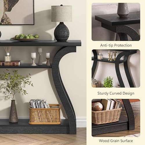 UODERS Wooden Console Table with Curved Legs and Shelf, 3-Tier Modern Accent Narrow Sofa Table for Entrance Area, Living Room, Hallway, 47 in Wide Wood Console Table for Entryway (Black) thumbnail 6