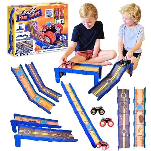 STEM Ramp Builder Set by Redi-Rampz–10 Modular Track Pieces with Adjustable Angles + 2 Monster Trucks | Build Custom Ramps, Bridges & Jumps (Ages 3+, No Batteries, Fits 1:64 Vehicles) - Image 1