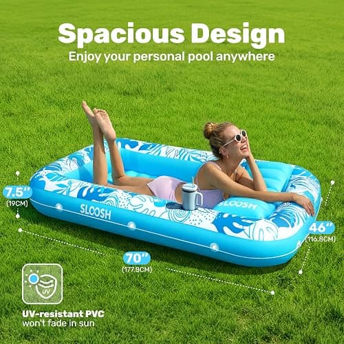 SLOOSH Inflatable Tanning Pool Lounger Float, 70" x 46" Pool Floats Adult with Pillow, 4 in 1 Suntan Tub Raft Floatie,Sunbathing Bed Lounge for Water Blow Up Kids Ball Pit Party Gifts, L-Blue thumbnail 2