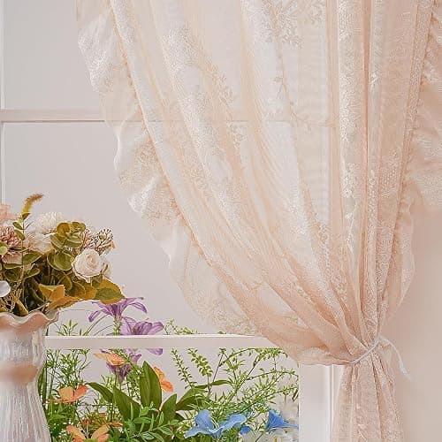102 Inches Length Beige Lace Curtains for Bedroom 2 Panels Set Vintage Boho Curtains Sheer Floral Embroidery Ruffled Window Treatment thumbnail 7
