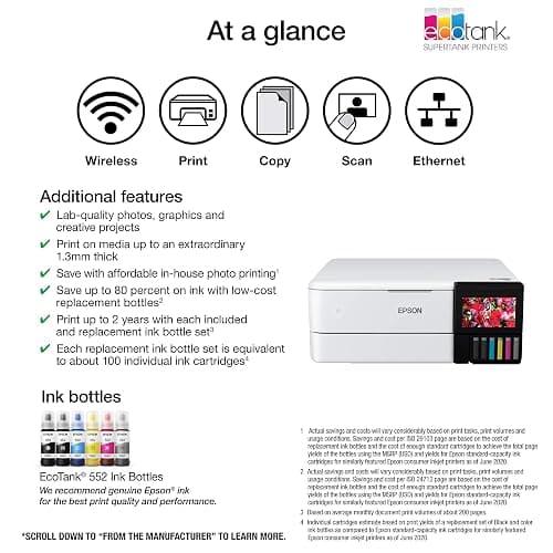 Epson EcoTank Photo ET-8500 Wireless Color All-in-One Supertank Printer with Scanner Copier, Ethernet and 4.3-inch Colorfull Touchscreen - White thumbnail 5