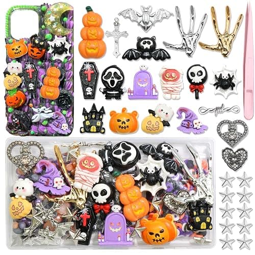 BELICEY Halloween Junk Case Charms Resin Pumpkin Skeleton Hand Charm for Phone Cases Bat Cross Spider Junk Charms Kit 3D Ghost Flatback Pearls Letter Beads Customizing DIY Craft - Image 1