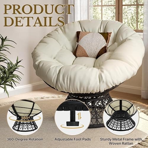 Yaheetech Indoor Papasan Chairs with Thick Tufted Cushions and Frame, Swivel Wicker Ergonomic Lounge Reading Chairs for Living Room/Bedroom, Beige thumbnail 6