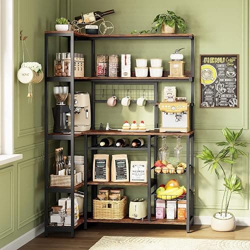 IRONCK Large Bakers Rack with Power Outlet, 6-Tier Corner Microwave Stand, Industrial Coffee Bar with Wine Rack, Hooks & Wire Baskets for Kitchen Spices/Pots, Rustic Brown thumbnail 9