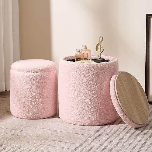 Chilihom Round Boucle Upholstered Ottoman with Storage Set of 2 Vanity Stool Foot Rest with Removable Lid Pink Tall Ottomans Chair for Living Room Pouf Footstool,Gifts - Boucle-pink